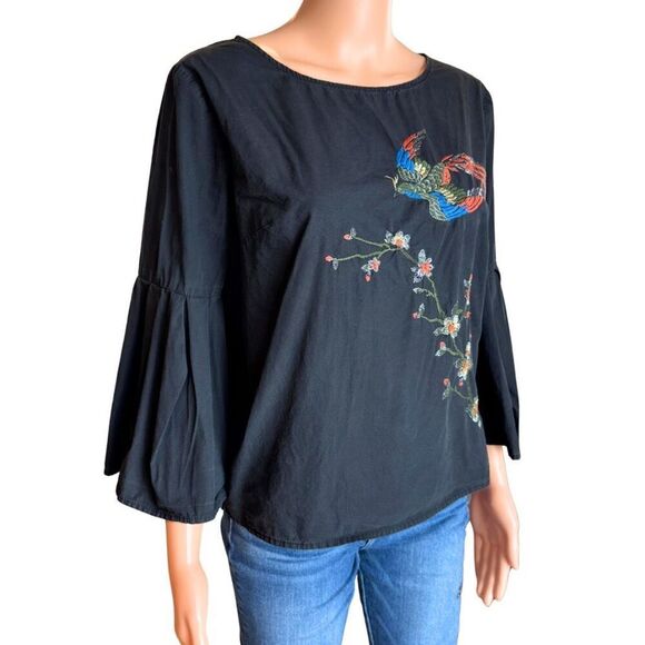 Jealous Tomato Washed Black Bell Sleeve Embroidered Boho Top Medium - Picture 3 of 6